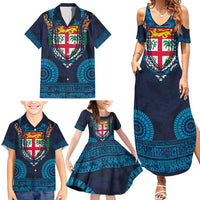 Fiji Coat of Arms Traditional Dashiki Family Matching Summer Maxi Dress and Hawaiian Shirt Tapa Art and Palm Leaves Pattern Dark Navy Color LT03 - Polynesian Pride