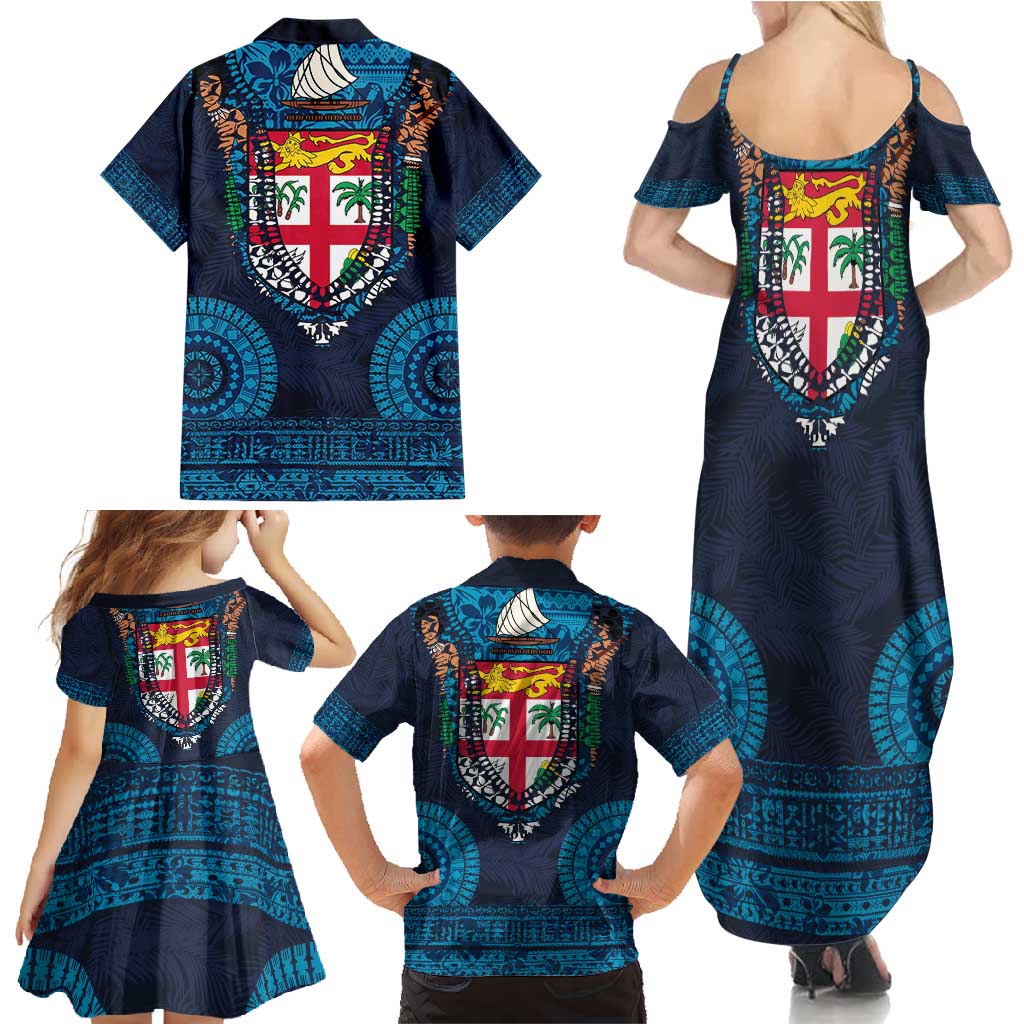 Fiji Coat of Arms Traditional Dashiki Family Matching Summer Maxi Dress and Hawaiian Shirt Tapa Art and Palm Leaves Pattern Dark Navy Color LT03 - Polynesian Pride