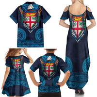 Fiji Coat of Arms Traditional Dashiki Family Matching Summer Maxi Dress and Hawaiian Shirt Tapa Art and Palm Leaves Pattern Dark Navy Color LT03 - Polynesian Pride