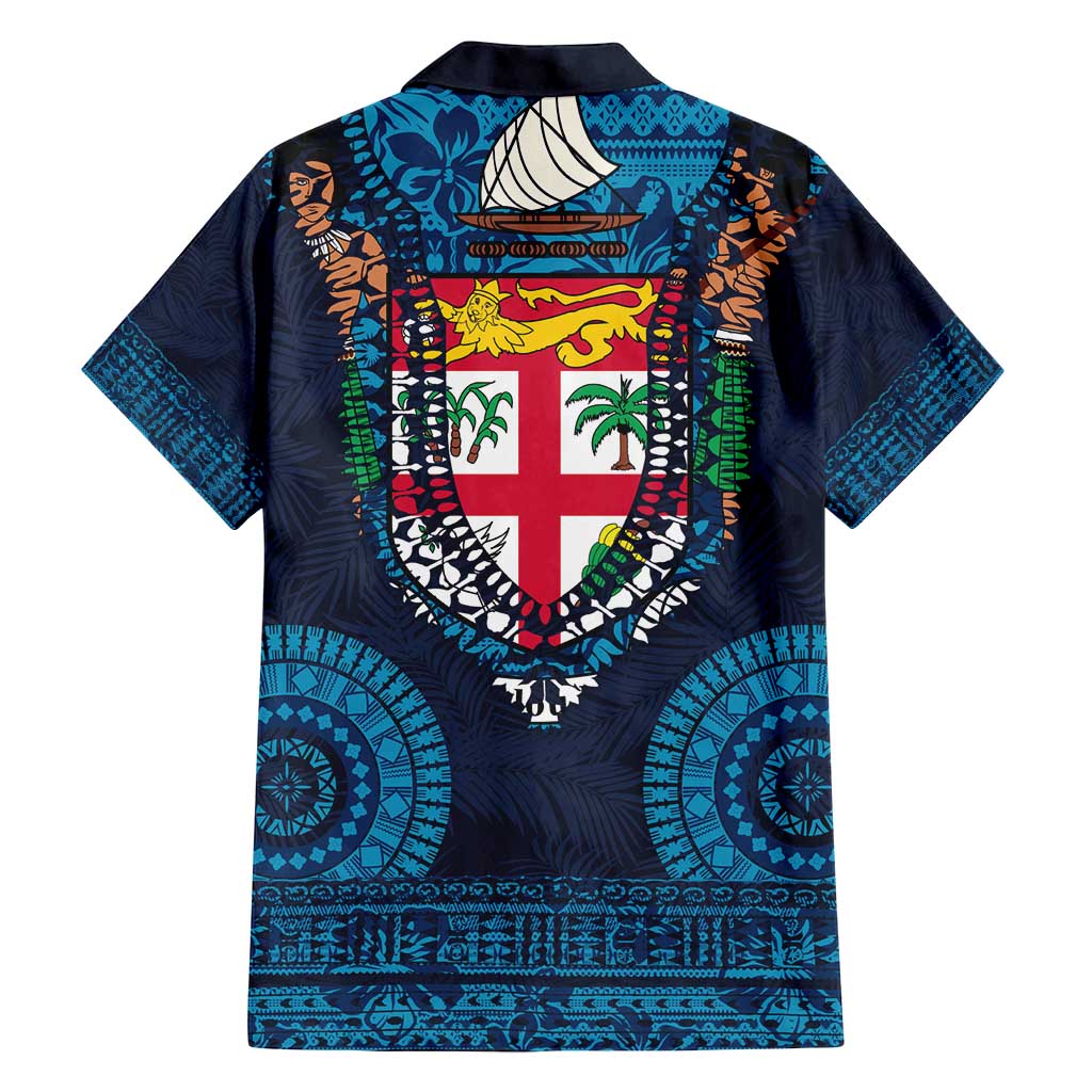 Fiji Coat of Arms Traditional Dashiki Family Matching Summer Maxi Dress and Hawaiian Shirt Tapa Art and Palm Leaves Pattern Dark Navy Color LT03 - Polynesian Pride
