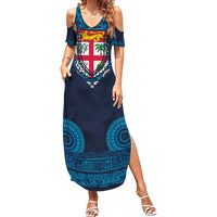 Fiji Coat of Arms Traditional Dashiki Family Matching Summer Maxi Dress and Hawaiian Shirt Tapa Art and Palm Leaves Pattern Dark Navy Color LT03 Mom's Dress Navy - Polynesian Pride