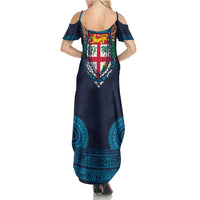 Fiji Coat of Arms Traditional Dashiki Family Matching Summer Maxi Dress and Hawaiian Shirt Tapa Art and Palm Leaves Pattern Dark Navy Color LT03 - Polynesian Pride
