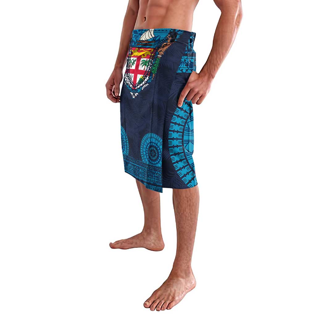 Fiji Coat of Arms Traditional Dashiki Lavalava Tapa Art and Palm Leaves Pattern Dark Navy Color - Polynesian Pride