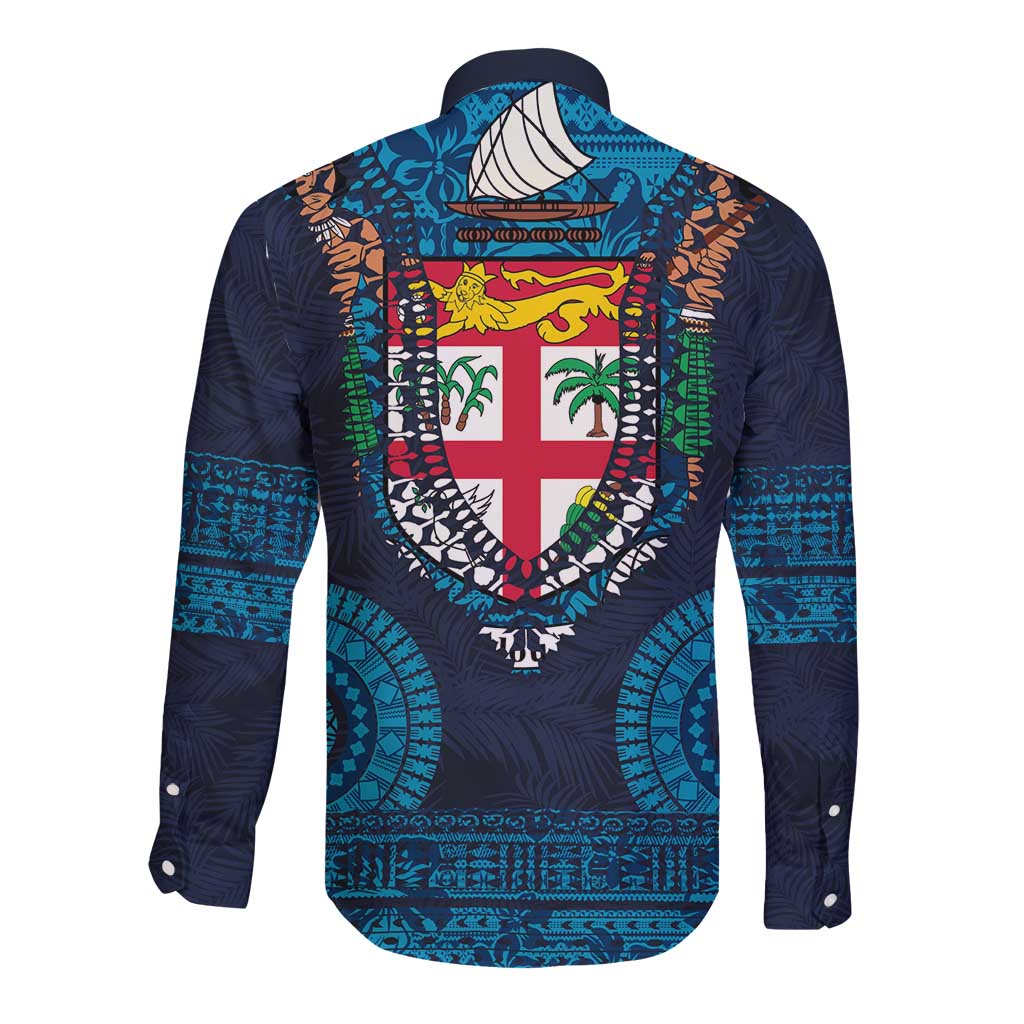 Fiji Coat of Arms Traditional Dashiki Long Sleeve Button Shirt Tapa Art and Palm Leaves Pattern Dark Navy Color - Polynesian Pride