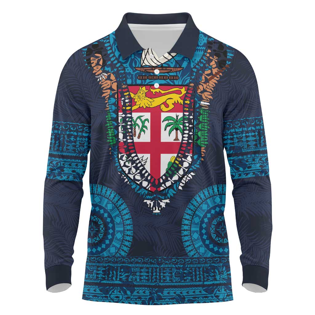 Fiji Coat of Arms Traditional Dashiki Long Sleeve Polo Shirt Tapa Art and Palm Leaves Pattern Dark Navy Color - Polynesian Pride