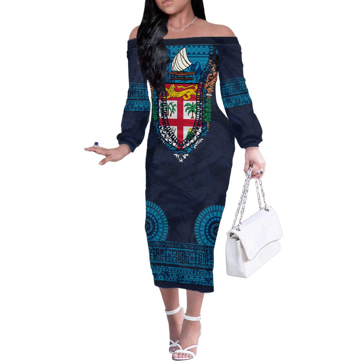 Fiji Coat of Arms Traditional Dashiki Off The Shoulder Long Sleeve Dress Tapa Art and Palm Leaves Pattern Dark Navy Color LT03 Women Navy - Polynesian Pride