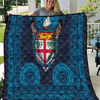 Fiji Coat of Arms Traditional Dashiki Quilt Tapa Art and Palm Leaves Pattern Dark Navy Color - Polynesian Pride