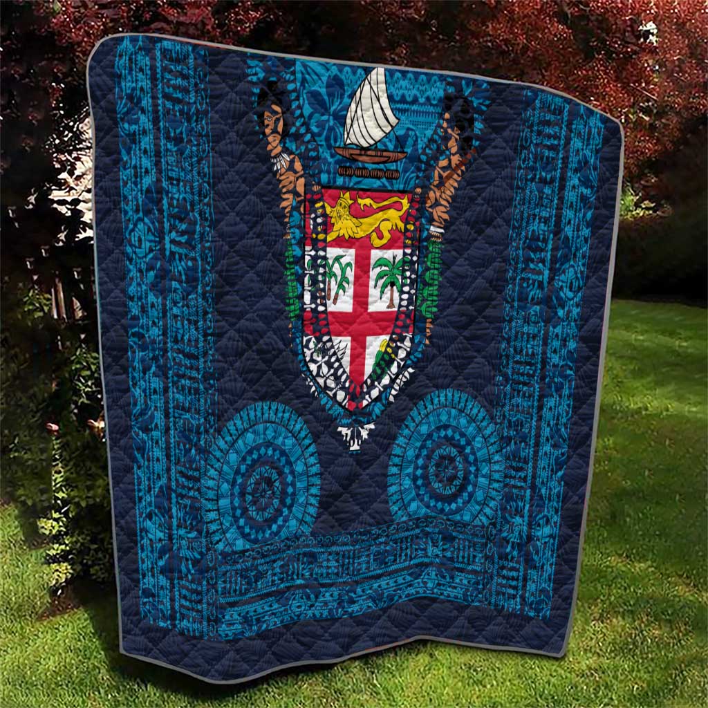 Fiji Coat of Arms Traditional Dashiki Quilt Tapa Art and Palm Leaves Pattern Dark Navy Color - Polynesian Pride