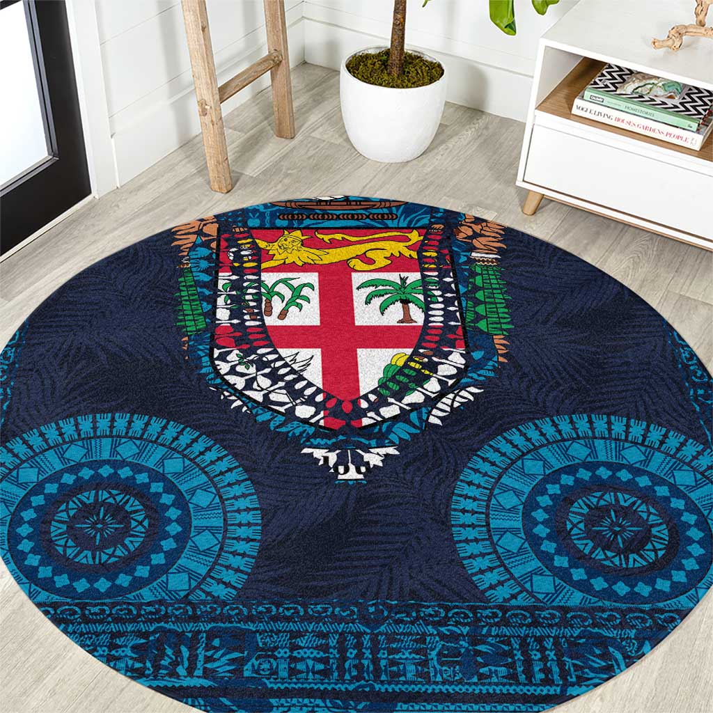 Fiji Coat of Arms Traditional Dashiki Round Carpet Tapa Art and Palm Leaves Pattern Dark Navy Color - Polynesian Pride