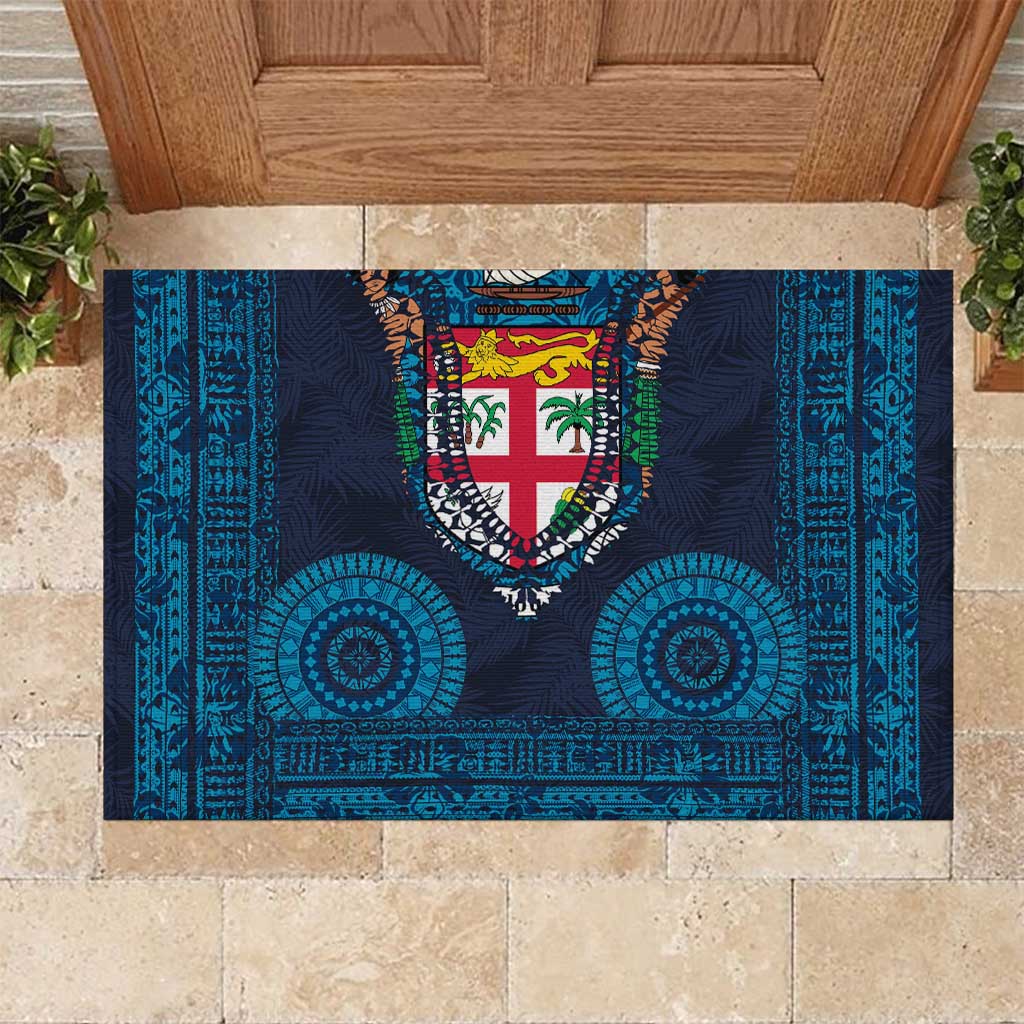 Fiji Coat of Arms Traditional Dashiki Rubber Doormat Tapa Art and Palm Leaves Pattern Dark Navy Color - Polynesian Pride