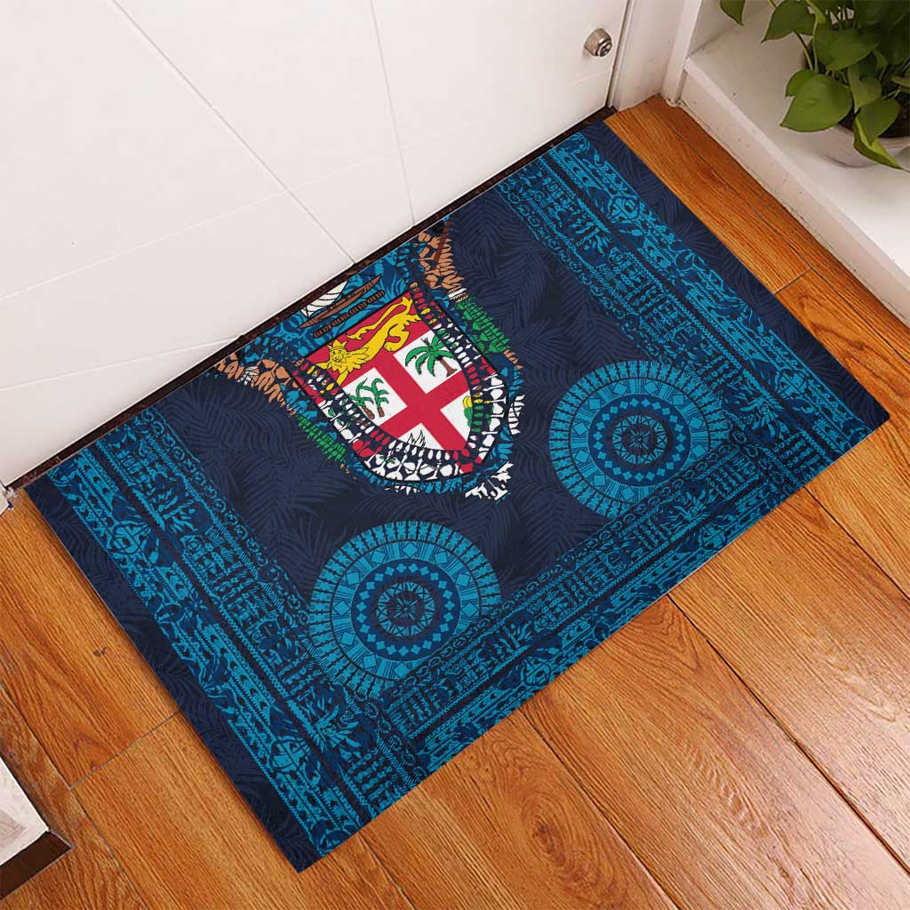 Fiji Coat of Arms Traditional Dashiki Rubber Doormat Tapa Art and Palm Leaves Pattern Dark Navy Color - Polynesian Pride