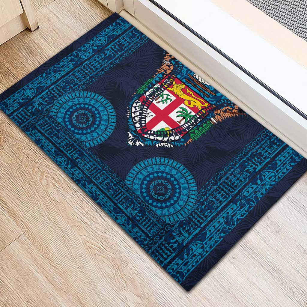 Fiji Coat of Arms Traditional Dashiki Rubber Doormat Tapa Art and Palm Leaves Pattern Dark Navy Color - Polynesian Pride
