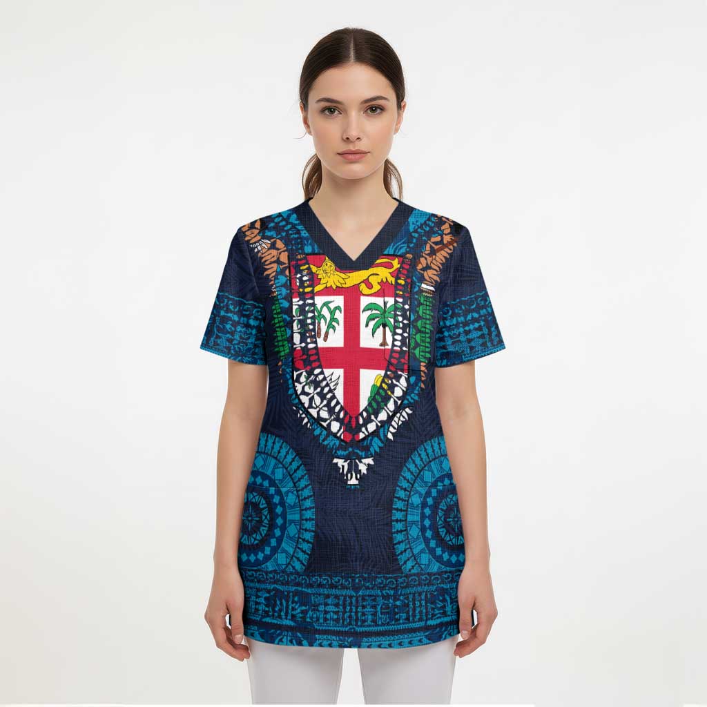Fiji Coat of Arms Traditional Dashiki Scrub Top Tapa Art and Palm Leaves Pattern Dark Navy Color - Polynesian Pride