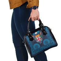 Fiji Coat of Arms Traditional Dashiki Shoulder Handbag Tapa Art and Palm Leaves Pattern Dark Navy Color - Polynesian Pride