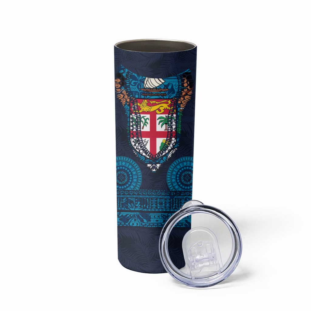 Fiji Coat of Arms Traditional Dashiki Skinny Tumbler Tapa Art and Palm Leaves Pattern Dark Navy Color LT03 - Polynesian Pride