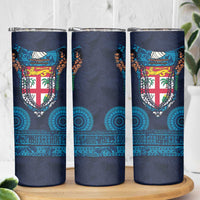 Fiji Coat of Arms Traditional Dashiki Skinny Tumbler Tapa Art and Palm Leaves Pattern Dark Navy Color LT03 - Polynesian Pride