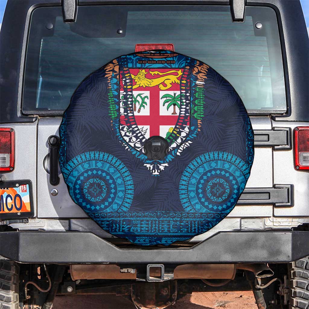 Fiji Coat of Arms Traditional Dashiki Spare Tire Cover Tapa Art and Palm Leaves Pattern Dark Navy Color - Polynesian Pride
