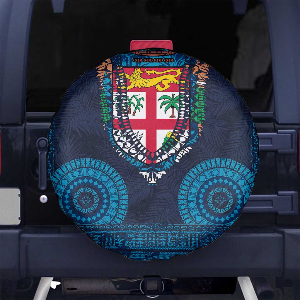 Fiji Coat of Arms Traditional Dashiki Spare Tire Cover Tapa Art and Palm Leaves Pattern Dark Navy Color - Polynesian Pride