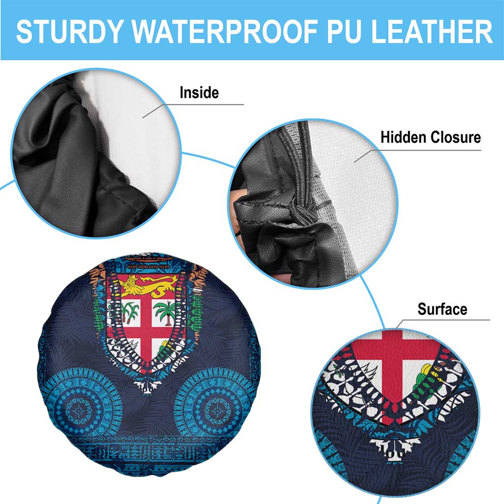 Fiji Coat of Arms Traditional Dashiki Spare Tire Cover Tapa Art and Palm Leaves Pattern Dark Navy Color - Polynesian Pride