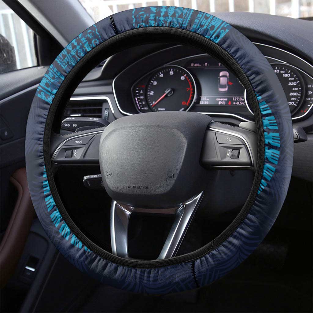 Fiji Coat of Arms Traditional Dashiki Steering Wheel Cover Tapa Art and Palm Leaves Pattern Dark Navy Color - Polynesian Pride
