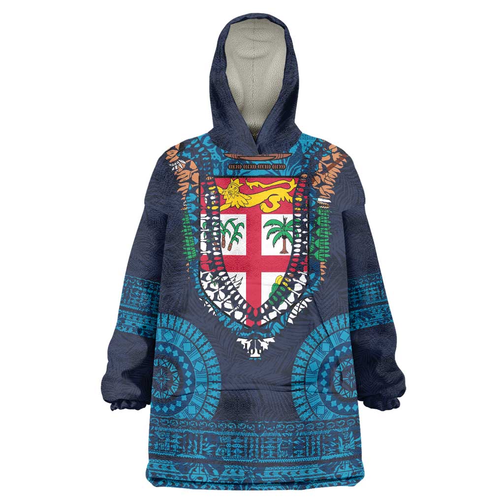 Fiji Coat of Arms Traditional Dashiki Wearable Blanket Hoodie Tapa Art and Palm Leaves Pattern Dark Navy Color LT03 One Size Navy - Polynesian Pride