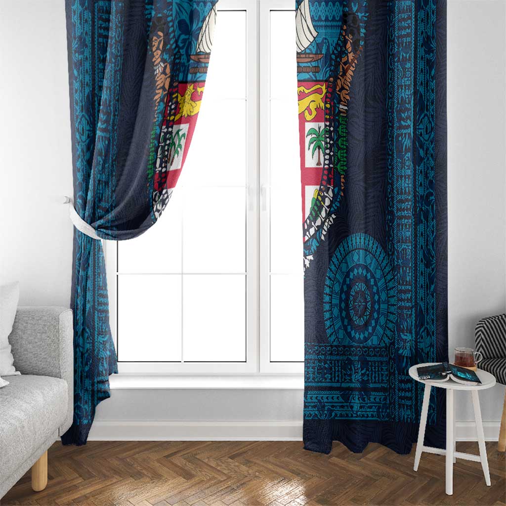 Fiji Coat of Arms Traditional Dashiki Window Curtain Tapa Art and Palm Leaves Pattern Dark Navy Color - Polynesian Pride