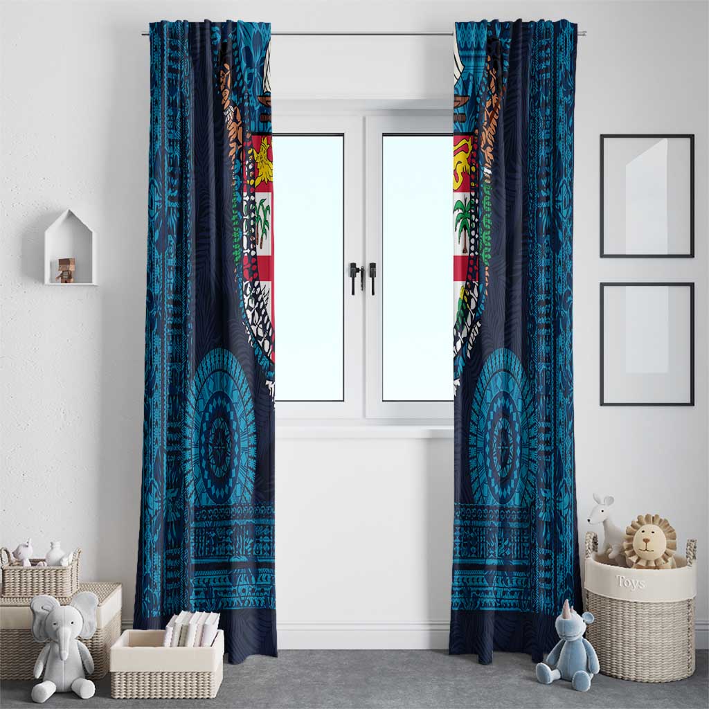 Fiji Coat of Arms Traditional Dashiki Window Curtain Tapa Art and Palm Leaves Pattern Dark Navy Color - Polynesian Pride