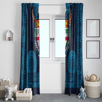 Fiji Coat of Arms Traditional Dashiki Window Curtain Tapa Art and Palm Leaves Pattern Dark Navy Color - Polynesian Pride