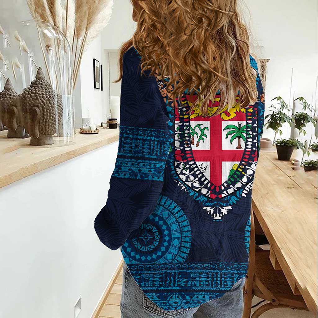 Fiji Coat of Arms Traditional Dashiki Women Casual Shirt Tapa Art and Palm Leaves Pattern Dark Navy Color - Polynesian Pride
