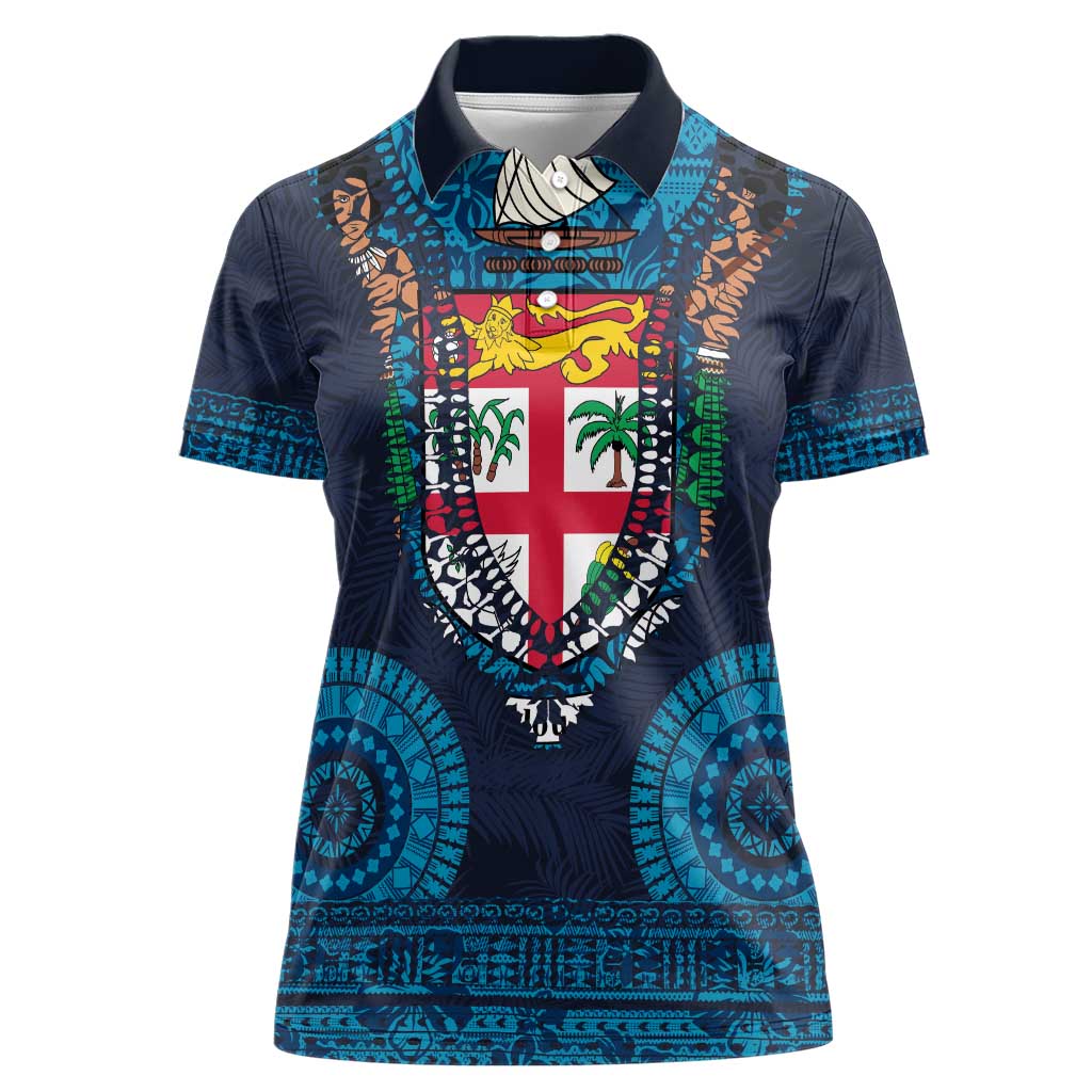 Fiji Coat of Arms Traditional Dashiki Women Polo Shirt Tapa Art and Palm Leaves Pattern Dark Navy Color LT03 Female Navy - Polynesian Pride