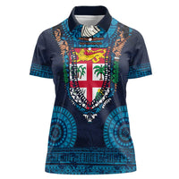 Fiji Coat of Arms Traditional Dashiki Women Polo Shirt Tapa Art and Palm Leaves Pattern Dark Navy Color LT03 Female Navy - Polynesian Pride