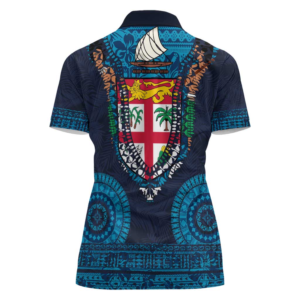 Fiji Coat of Arms Traditional Dashiki Women Polo Shirt Tapa Art and Palm Leaves Pattern Dark Navy Color LT03 - Polynesian Pride