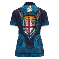 Fiji Coat of Arms Traditional Dashiki Women Polo Shirt Tapa Art and Palm Leaves Pattern Dark Navy Color LT03 - Polynesian Pride