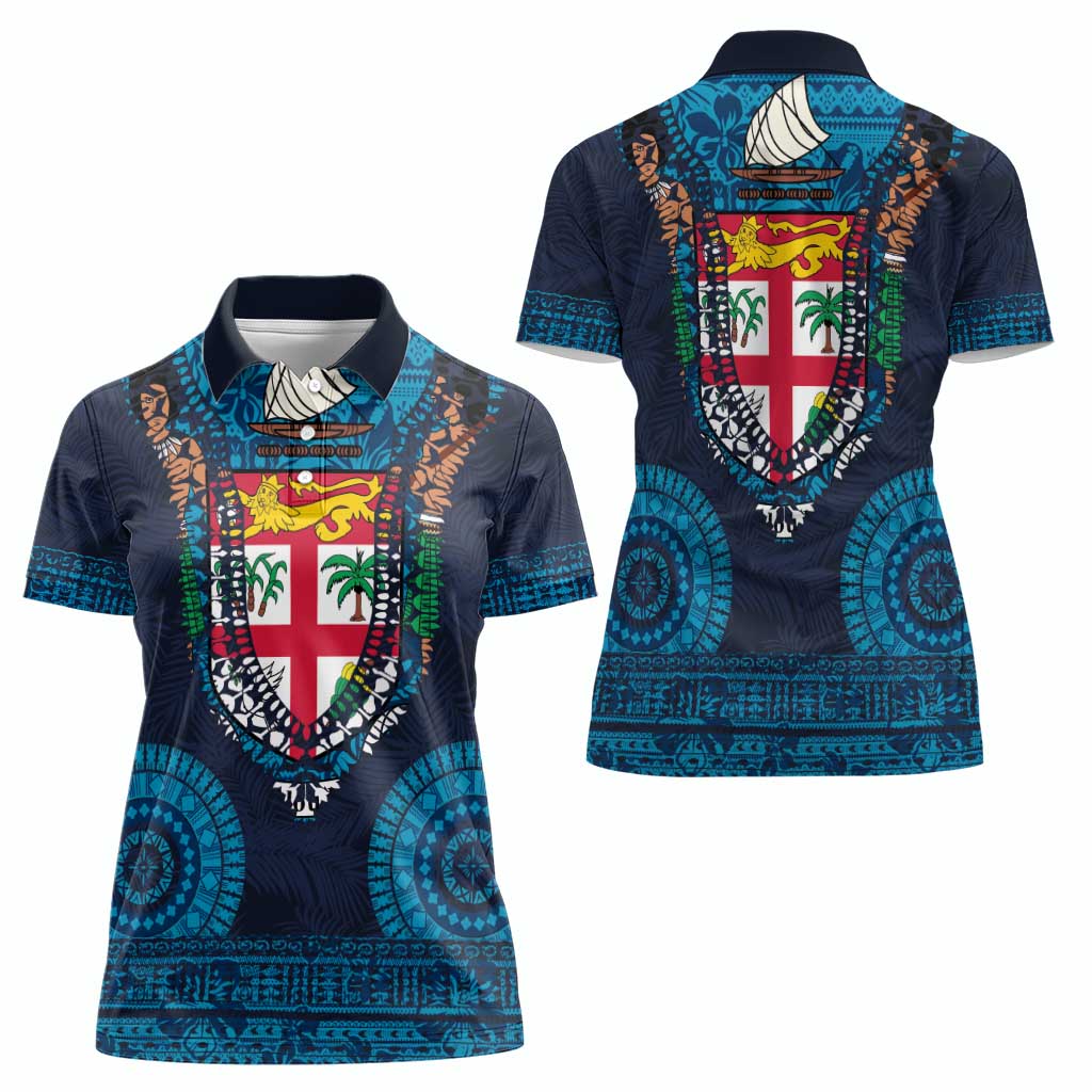 Fiji Coat of Arms Traditional Dashiki Women Polo Shirt Tapa Art and Palm Leaves Pattern Dark Navy Color LT03 - Polynesian Pride