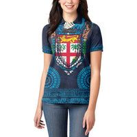 Fiji Coat of Arms Traditional Dashiki Women Polo Shirt Tapa Art and Palm Leaves Pattern Dark Navy Color LT03 - Polynesian Pride