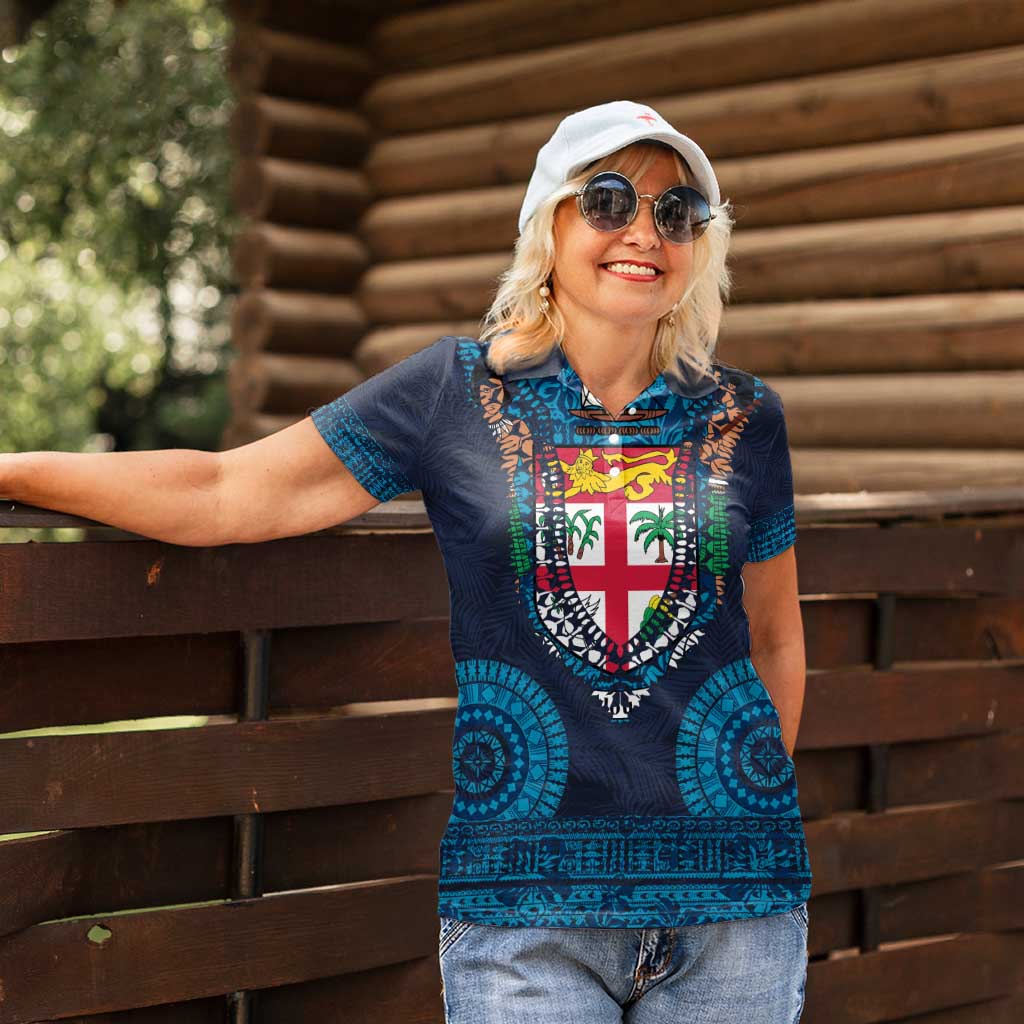Fiji Coat of Arms Traditional Dashiki Women Polo Shirt Tapa Art and Palm Leaves Pattern Dark Navy Color LT03 - Polynesian Pride