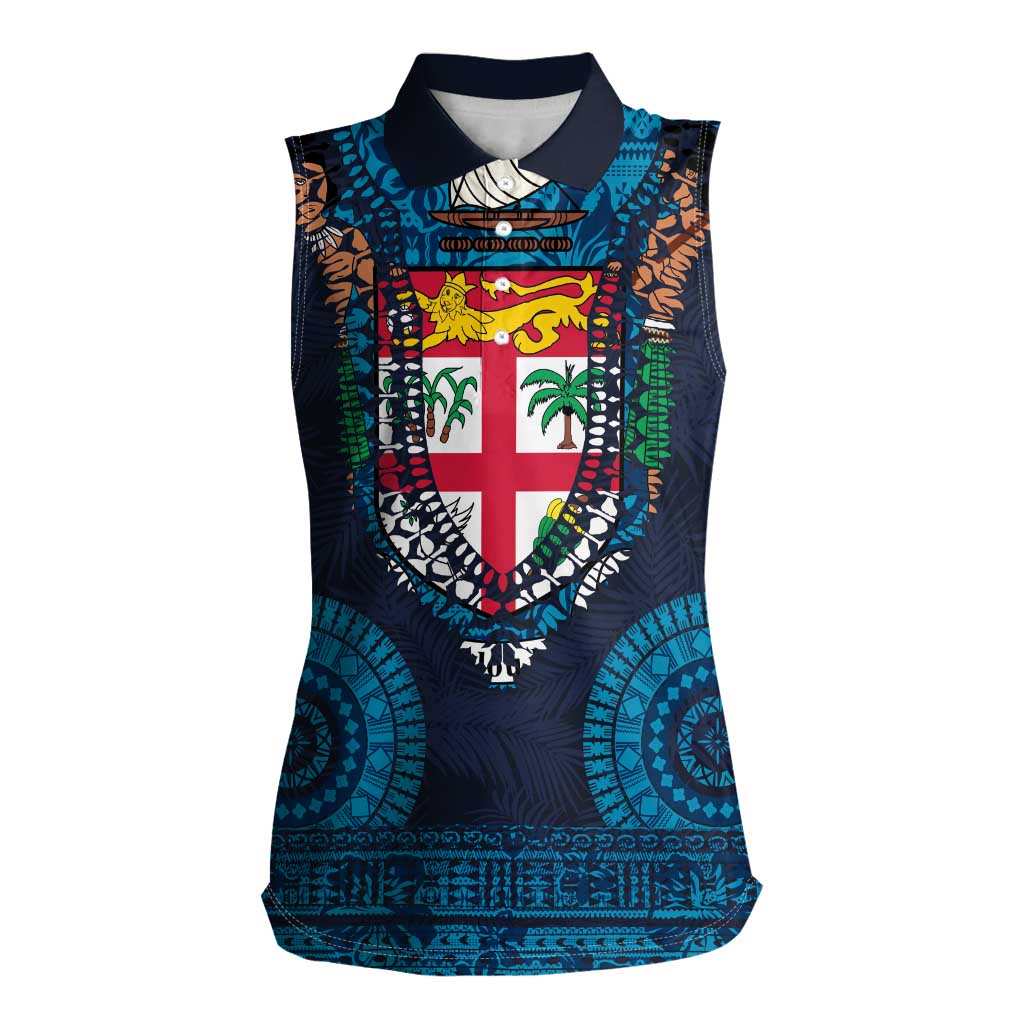 Fiji Coat of Arms Traditional Dashiki Women Sleeveless Polo Shirt Tapa Art and Palm Leaves Pattern Dark Navy Color - Polynesian Pride