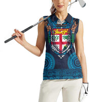 Fiji Coat of Arms Traditional Dashiki Women Sleeveless Polo Shirt Tapa Art and Palm Leaves Pattern Dark Navy Color - Polynesian Pride