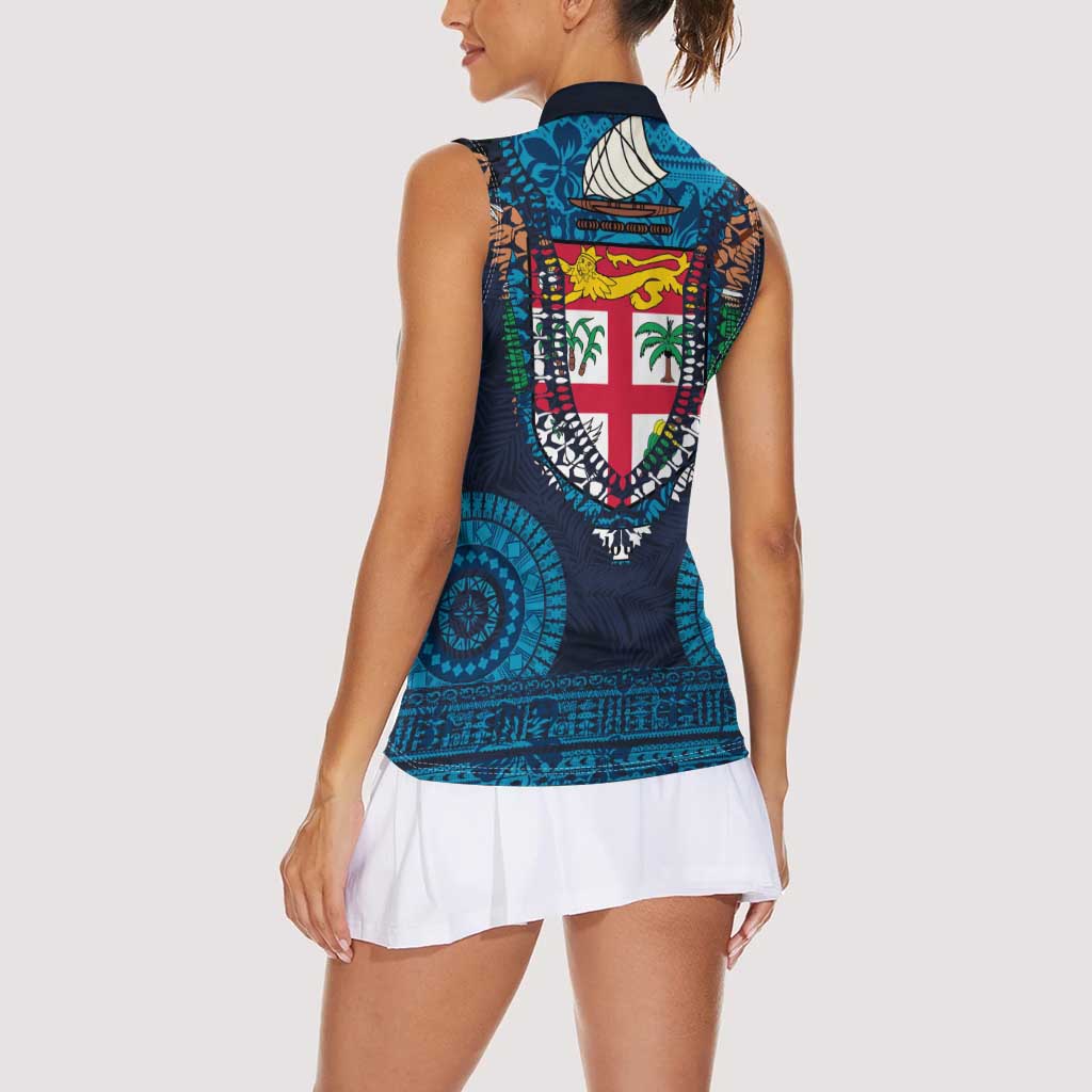 Fiji Coat of Arms Traditional Dashiki Women Sleeveless Polo Shirt Tapa Art and Palm Leaves Pattern Dark Navy Color - Polynesian Pride