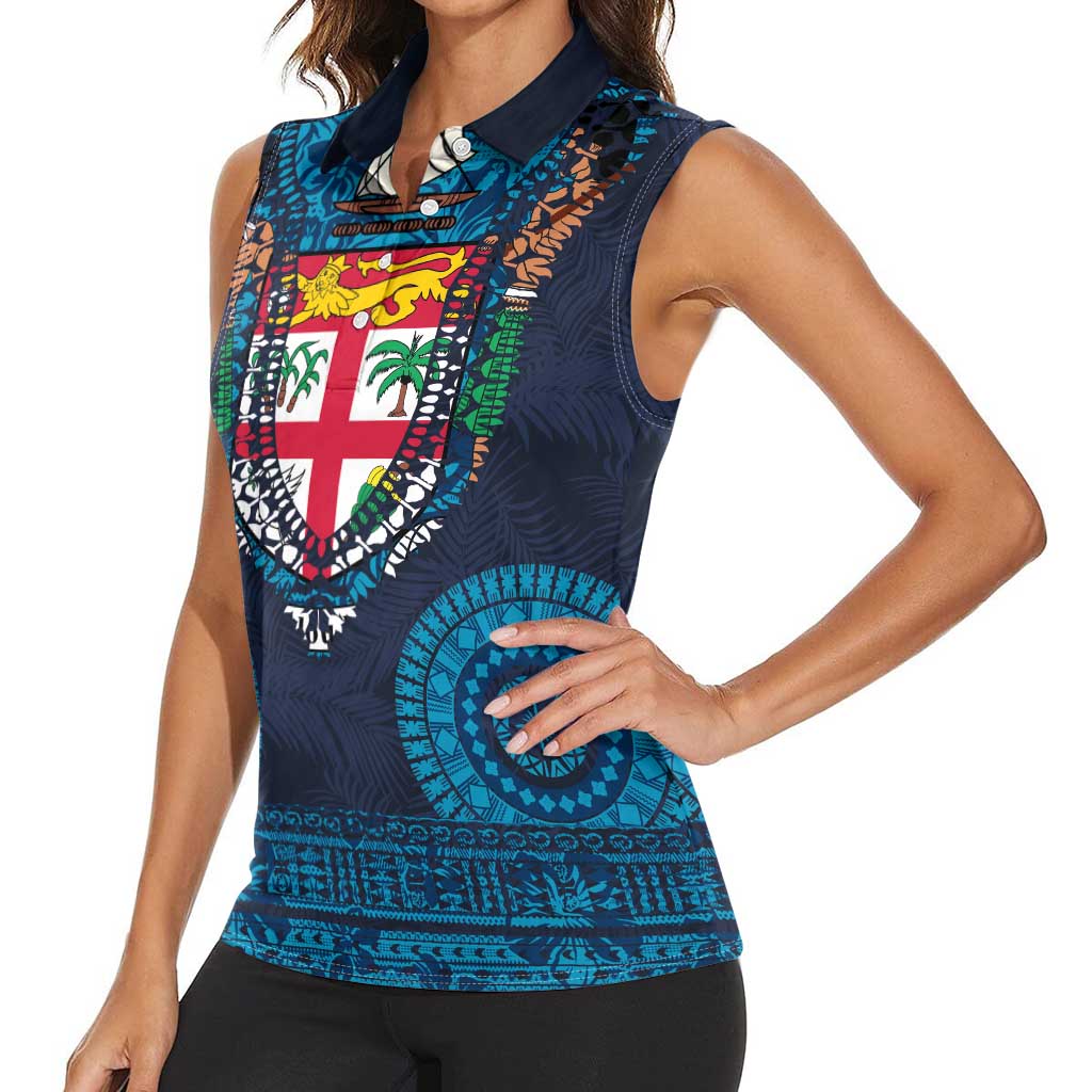 Fiji Coat of Arms Traditional Dashiki Women Sleeveless Polo Shirt Tapa Art and Palm Leaves Pattern Dark Navy Color - Polynesian Pride