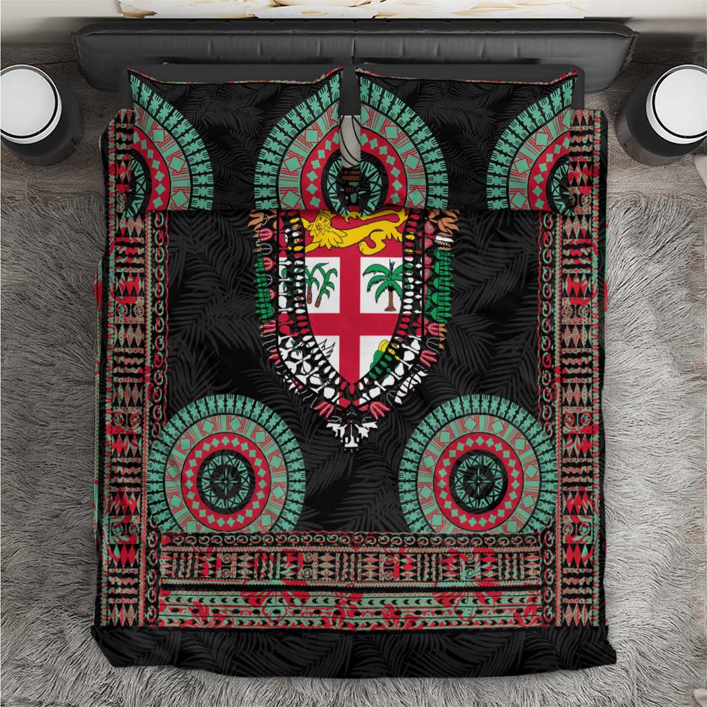 Fiji Coat of Arms Traditional Dashiki Bedding Set Tapa Art and Palm Leaves Pattern Black Color - Polynesian Pride
