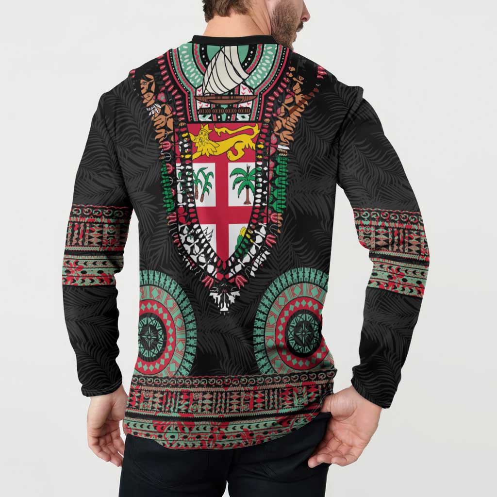Fiji Coat of Arms Traditional Dashiki Button Sweatshirt Tapa Art and Palm Leaves Pattern Black Color - Polynesian Pride