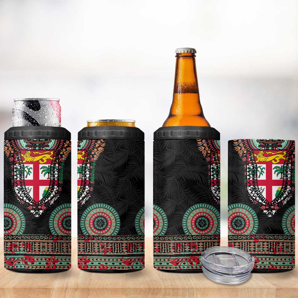 Fiji Coat of Arms Traditional Dashiki 4 in 1 Can Cooler Tumbler Tapa Art and Palm Leaves Pattern Black Color LT03 - Polynesian Pride