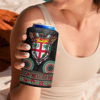 Fiji Coat of Arms Traditional Dashiki 4 in 1 Can Cooler Tumbler Tapa Art and Palm Leaves Pattern Black Color LT03 - Polynesian Pride