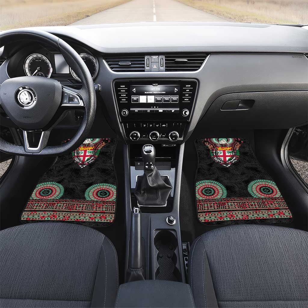 Fiji Coat of Arms Traditional Dashiki Car Mats Tapa Art and Palm Leaves Pattern Black Color - Polynesian Pride