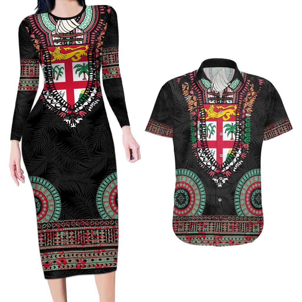Fiji Coat of Arms Traditional Dashiki Couples Matching Long Sleeve Bodycon Dress and Hawaiian Shirt Tapa Art and Palm Leaves Pattern Black Color LT03 Black - Polynesian Pride