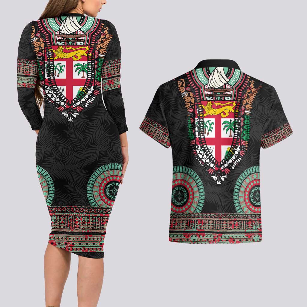 Fiji Coat of Arms Traditional Dashiki Couples Matching Long Sleeve Bodycon Dress and Hawaiian Shirt Tapa Art and Palm Leaves Pattern Black Color LT03 - Polynesian Pride