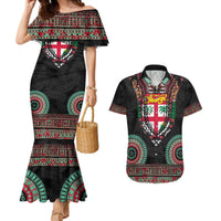 Fiji Coat of Arms Traditional Dashiki Couples Matching Mermaid Dress and Hawaiian Shirt Tapa Art and Palm Leaves Pattern Black Color LT03 Black - Polynesian Pride
