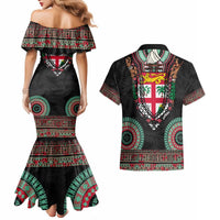 Fiji Coat of Arms Traditional Dashiki Couples Matching Mermaid Dress and Hawaiian Shirt Tapa Art and Palm Leaves Pattern Black Color LT03 - Polynesian Pride