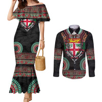 Fiji Coat of Arms Traditional Dashiki Couples Matching Mermaid Dress and Long Sleeve Button Shirt Tapa Art and Palm Leaves Pattern Black Color LT03 Black - Polynesian Pride